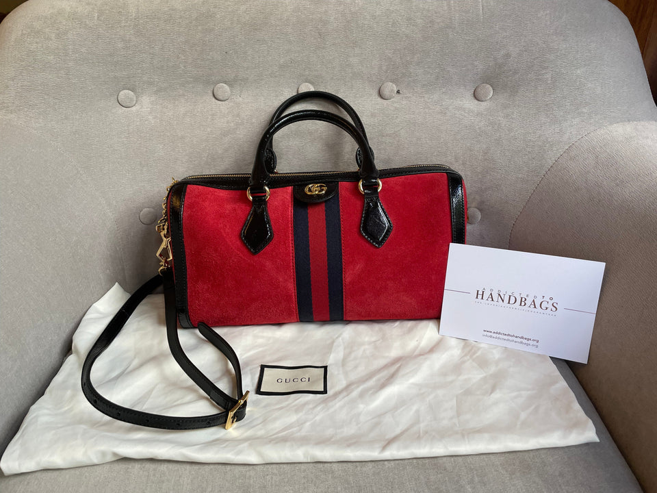 Gucci Red Suede and Blue Leather Ophidia Boston Bag