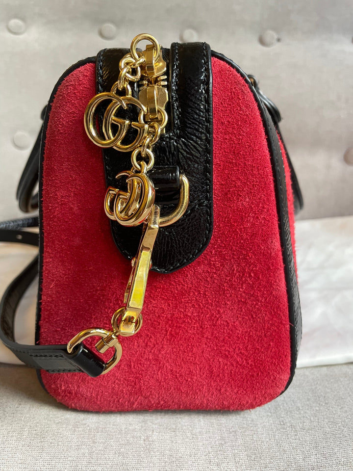 Gucci Red Suede and Blue Leather Ophidia Boston Bag