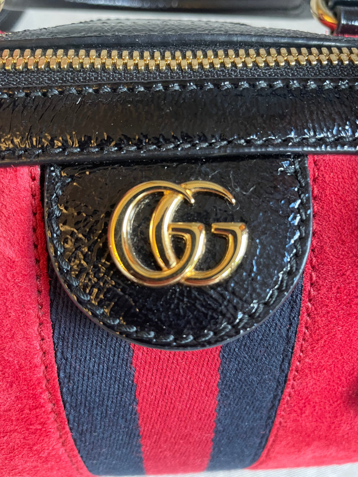 Gucci Red Suede and Blue Leather Ophidia Boston Bag