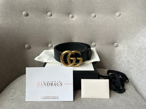 Gucci GG Marmont Black Leather Belt with Gold Buckle