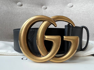 Gucci GG Marmont Black Leather Belt with Gold Buckle