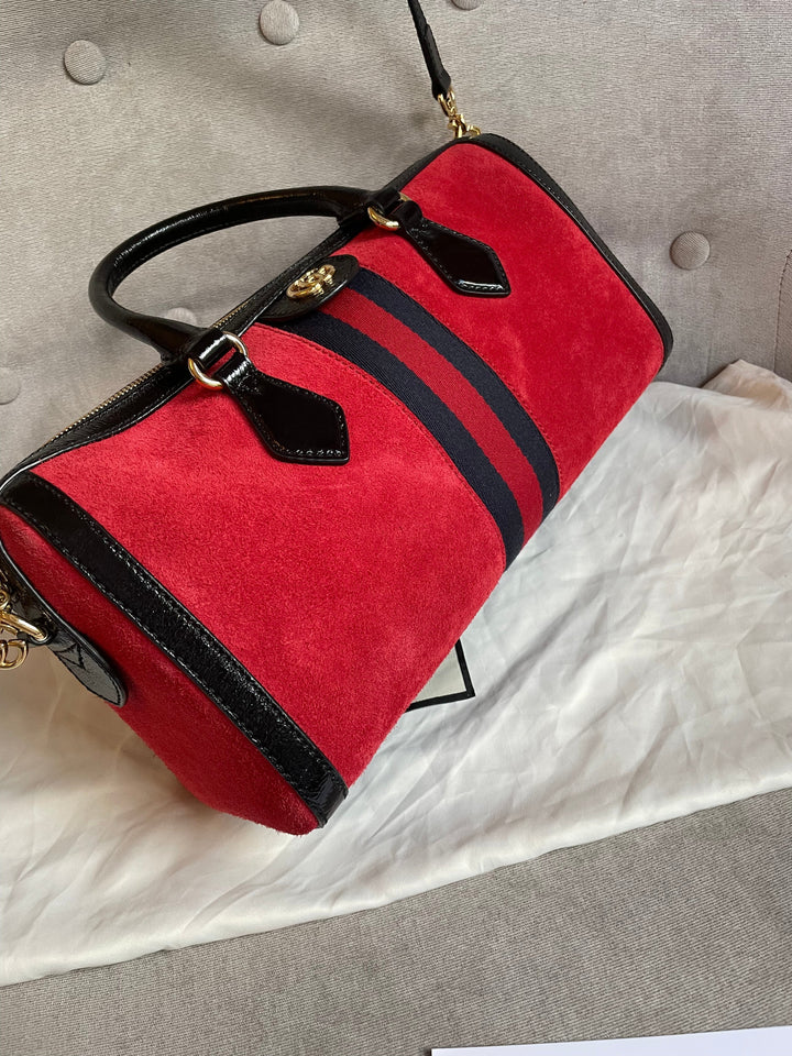 Gucci Red Suede and Blue Leather Ophidia Boston Bag