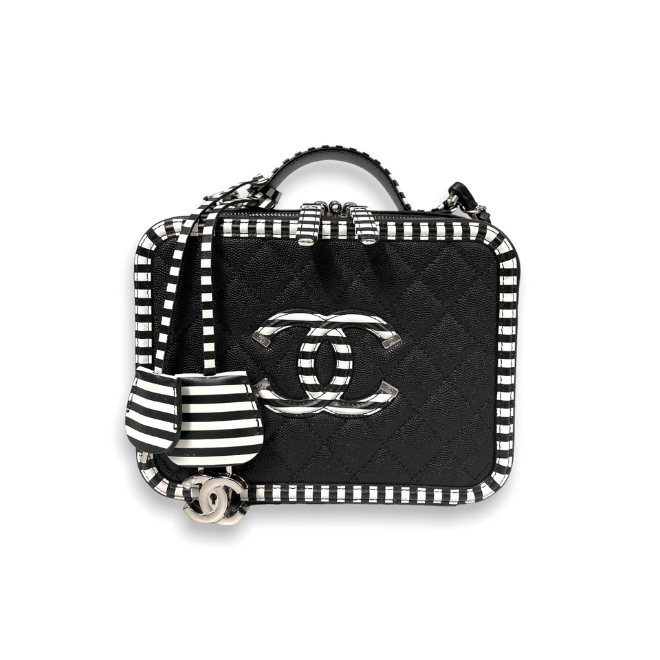 Chanel Filigree Vanity Case Small Black Caviar Silver