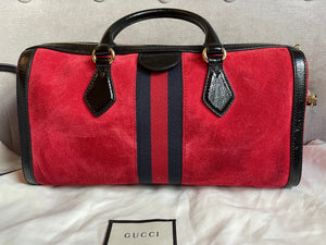 Gucci Red Suede and Blue Leather Ophidia Boston Bag