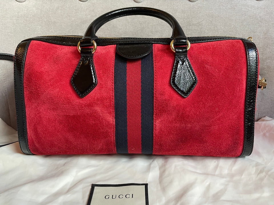 Gucci Red Suede and Blue Leather Ophidia Boston Bag