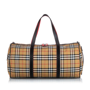 Burberry Brown Beige Canvas Fabric House Check Barrel Bag Italy