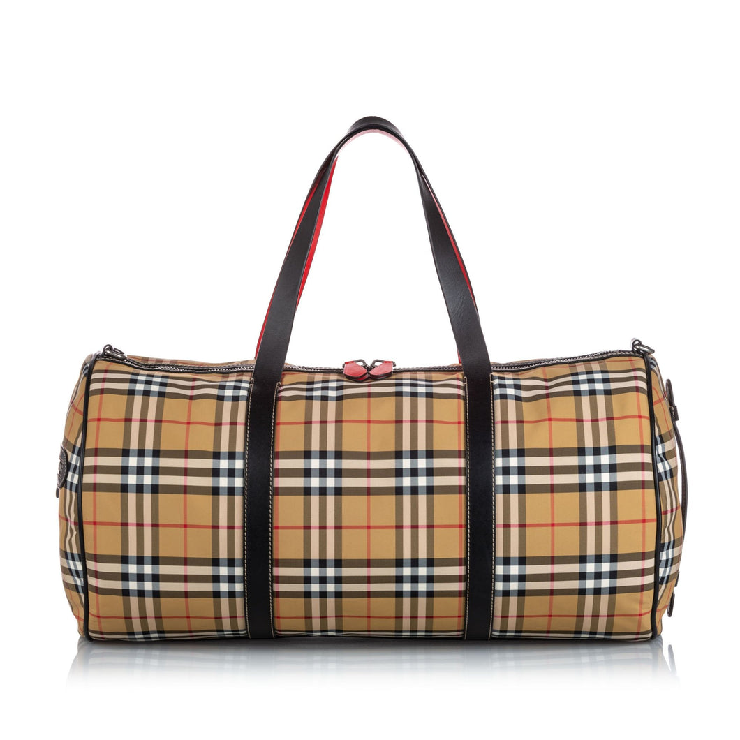 Burberry Brown Beige Canvas Fabric House Check Barrel Bag Italy