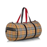 Burberry Brown Beige Canvas Fabric House Check Barrel Bag Italy