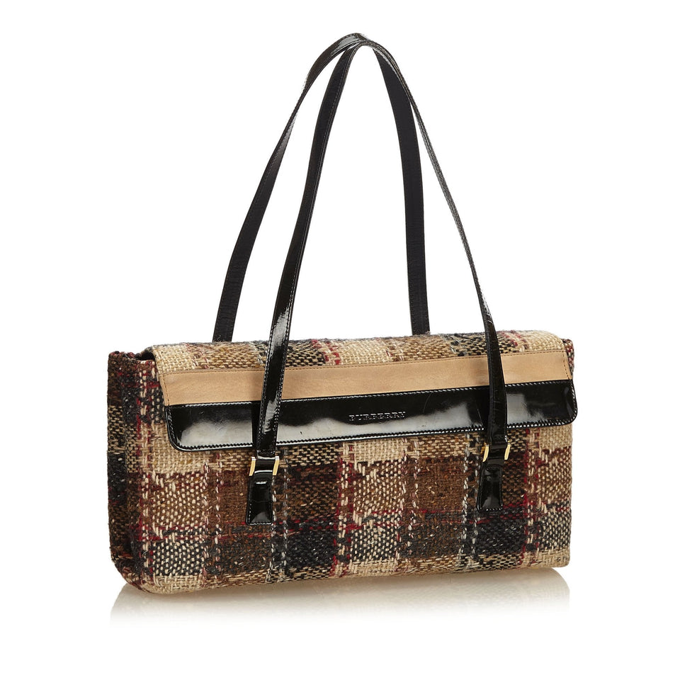 Burberry Brown Dark Wool Fabric Plaid Shoulder Bag United Kingdom