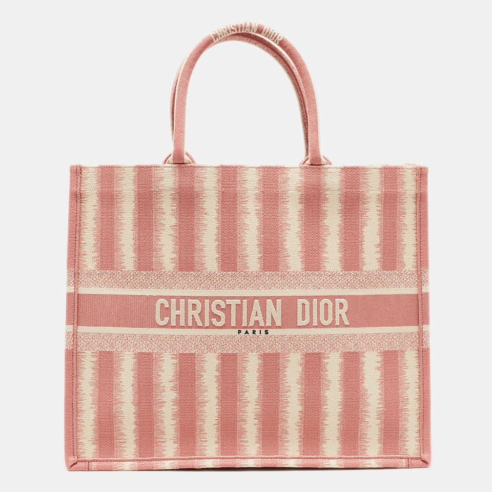 DIOR Pink/White Embroidered Canvas D-Stripe Book Tote