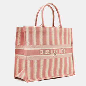 DIOR Pink/White Embroidered Canvas D-Stripe Book Tote