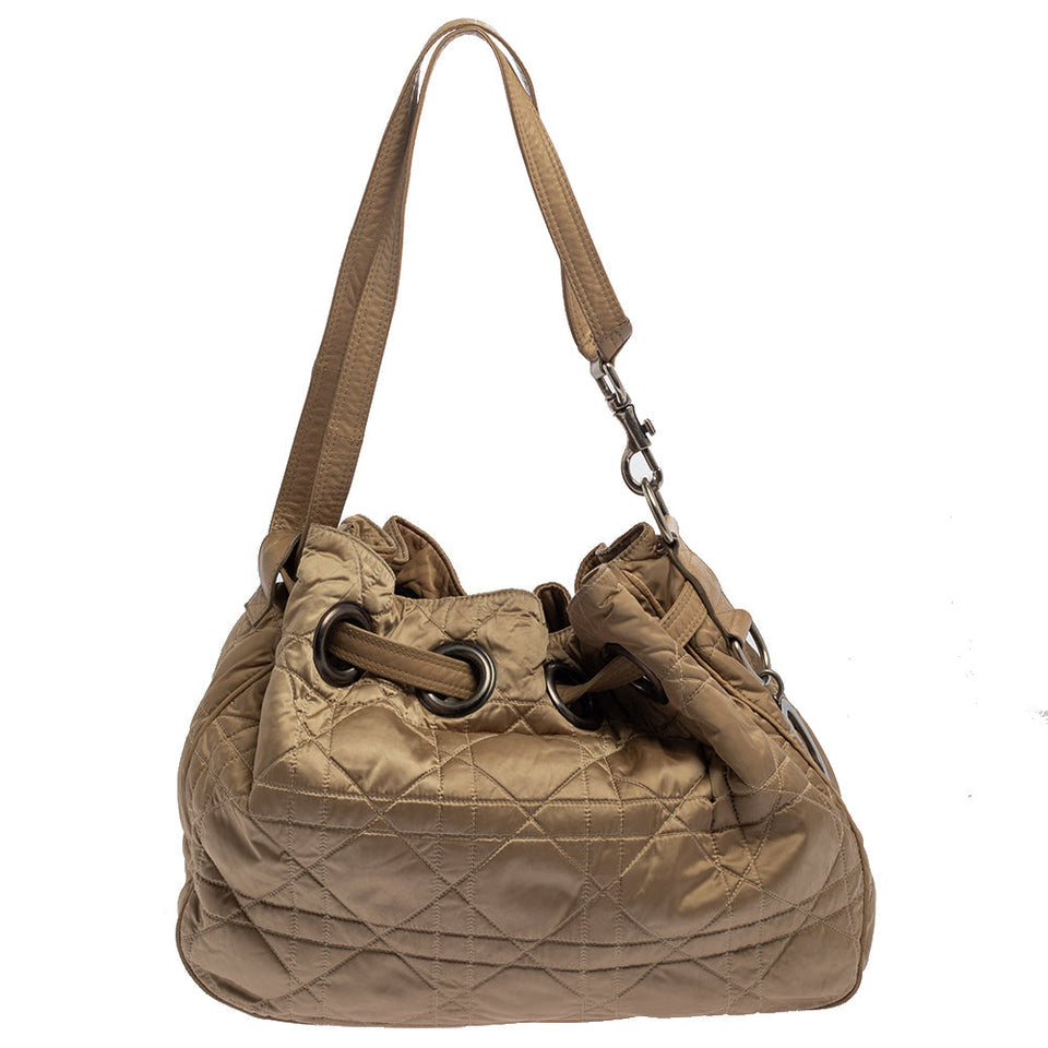 DIOR Beige Cannage Nylon and Leather Drawstring Shoulder Bag