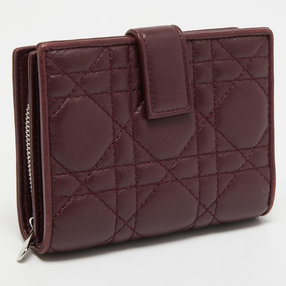 DIOR Burgundy Cannage Leather Lady  Compact French Wallet