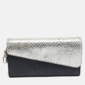 DIOR Navy Blue/Silver Leather and Watersnake Charm Flap Continental Wallet