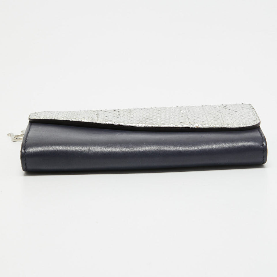 DIOR Navy Blue/Silver Leather and Watersnake Charm Flap Continental Wallet