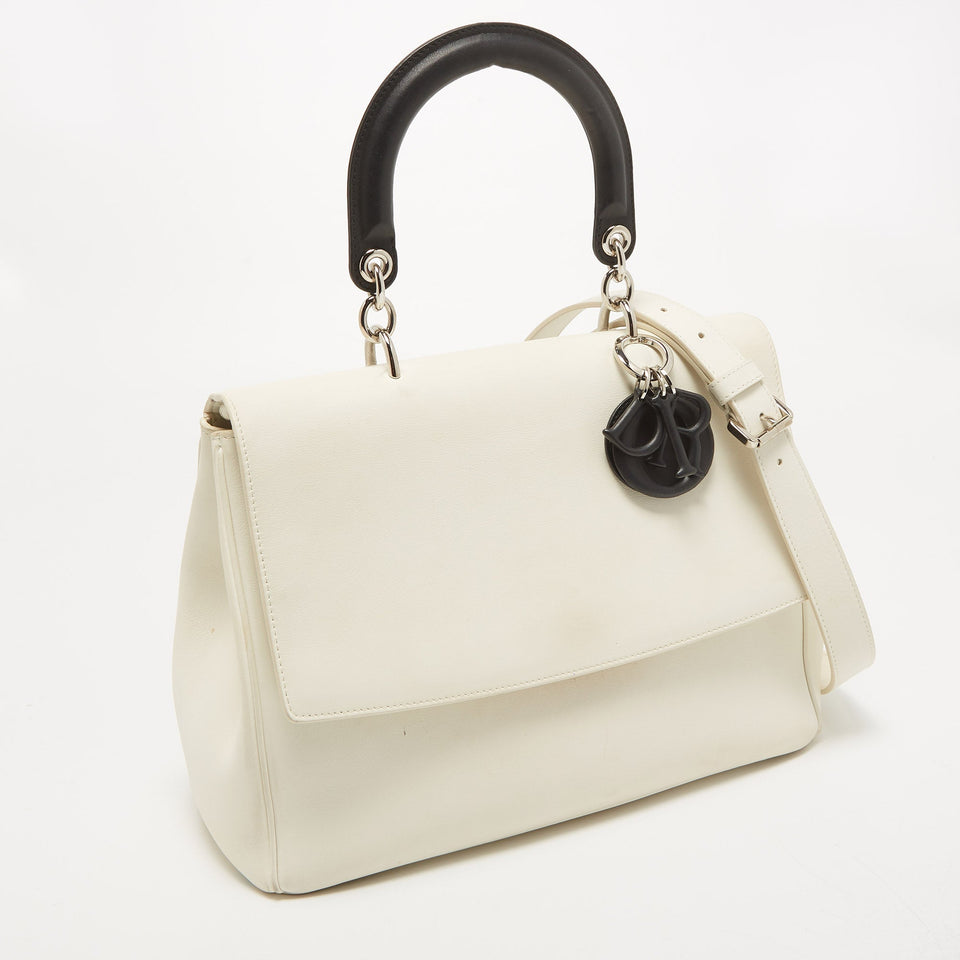 DIOR White/Black Leather Large Be  Flap Top Handle Bag