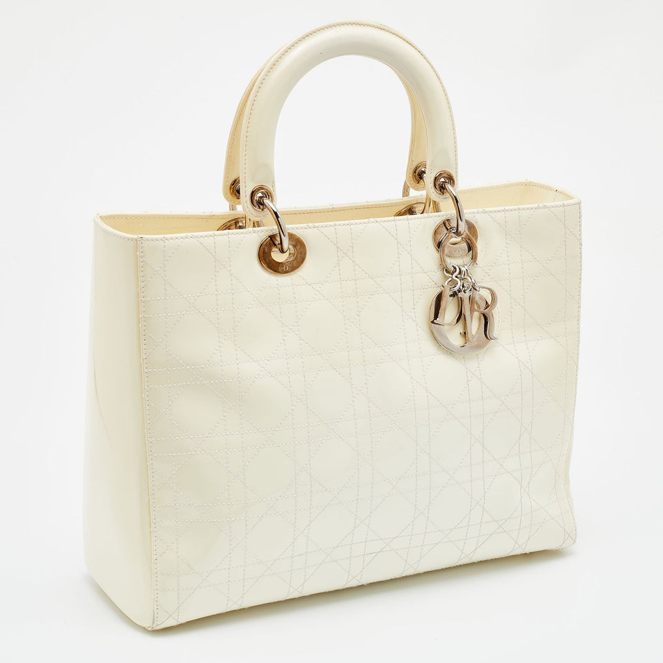 DIOR White Cannage Patent Leather Large Lady  Tote