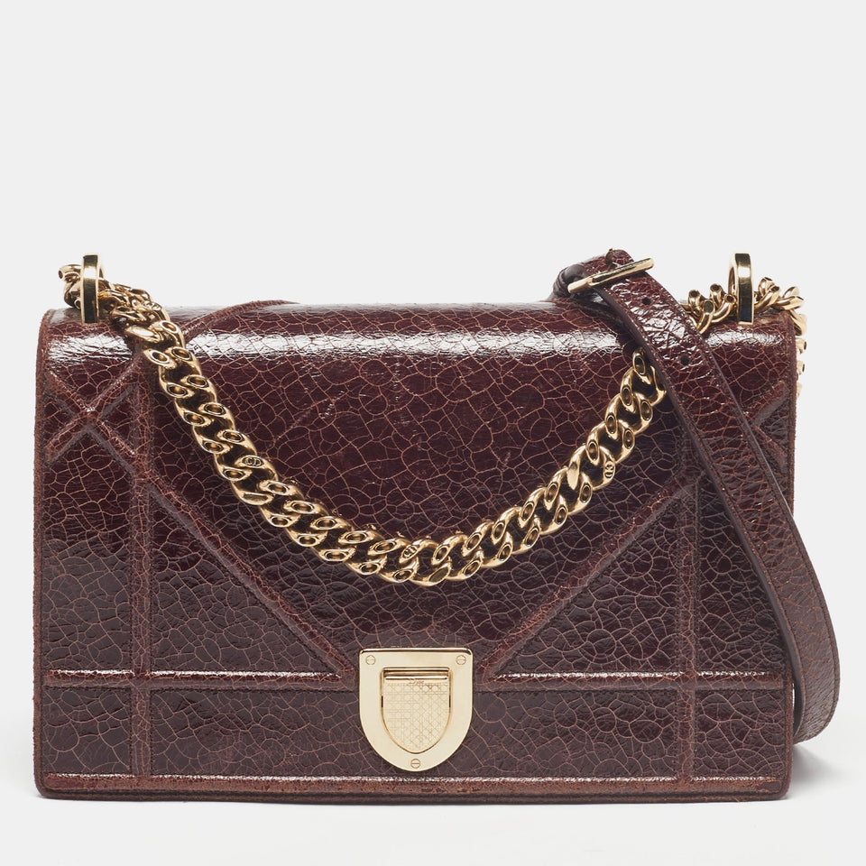 DIOR Burgundy Crackled Leather Medium ama Flap Shoulder Bag