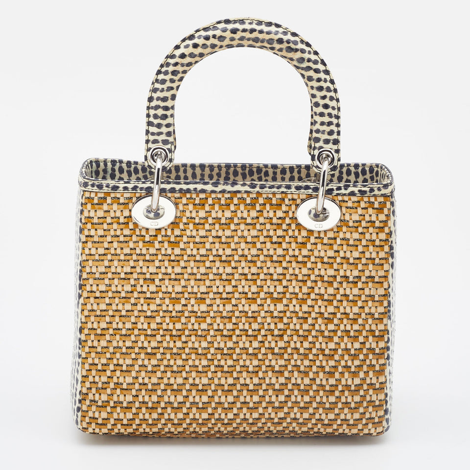 DIOR Beige/Monochrome Woven Straw and Watersnake Medium Lady  Tote