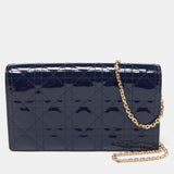 DIOR Navy Blue Cannage Patent Leather Lady  Chain Clutch