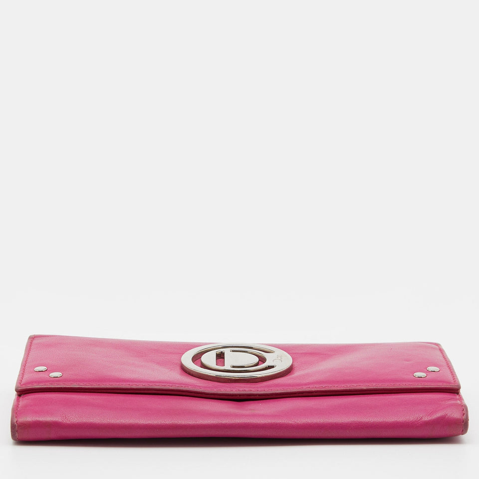 DIOR Pink Leather Round Logo Flap Continental Wallet