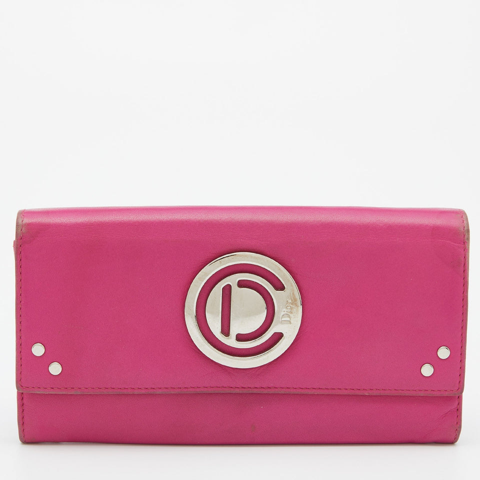 DIOR Pink Leather Round Logo Flap Continental Wallet