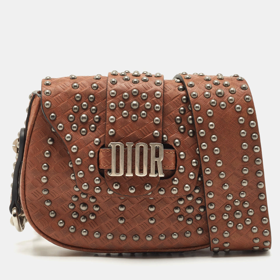 DIOR Brown Leather Studded D-Fence Chain Crossbody Bag