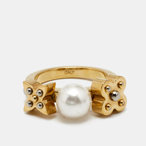 Louis Vuitton Gold Tone Faux Pearl Monogram Ring M