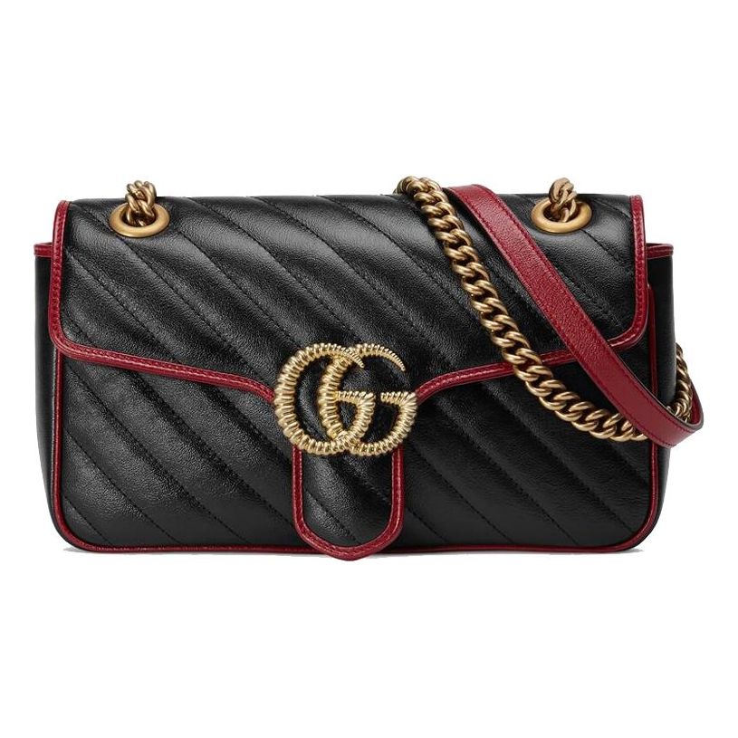 GUCCI GG Marmont Gold Logo Colorblock Leather Chain Shoulder Messenger Bag Small Black / Red Retro 443497-0OLFX-8277