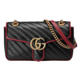 GUCCI GG Marmont Gold Logo Colorblock Leather Chain Shoulder Messenger Bag Small Black / Red Retro 443497-0OLFX-8277