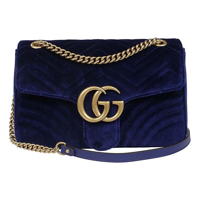 GUCCI GG Marmont Gold Label Logo Distress Velvet Chain Shoulder Messenger Bag Navy Blue 443496-K4D2T-4511