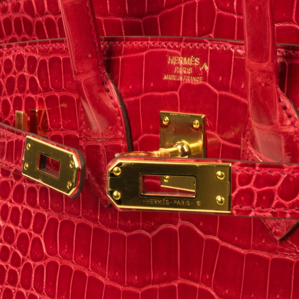 Hermes Birkin 25 Bag Red Braise Porosus Crocodile Gold Hardware Lipstick Red