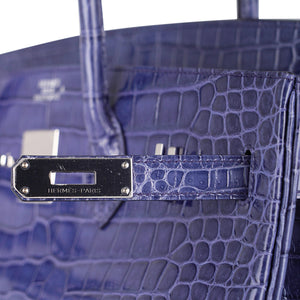 Hermes Birkin 35 Bag Blue Brighton Porosus Crocodile Palladium Hardware New