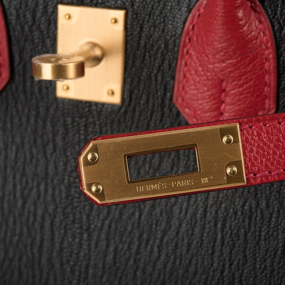 Hermes Birkin HSS 25 Bag Noir / Rouge Casaque Chevre Brushed Gold Hardware