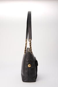 Vintage Chanel Black Leather Tote Bag with 24K Gold Plated Hardware