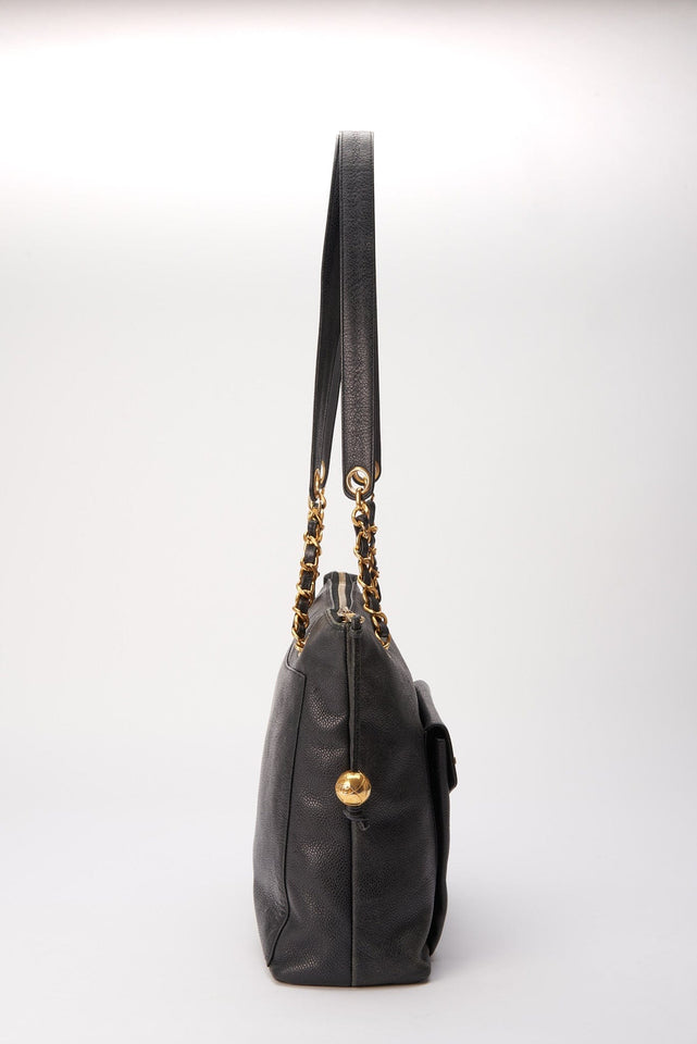 Vintage Chanel Black Leather Tote Bag with 24K Gold Plated Hardware