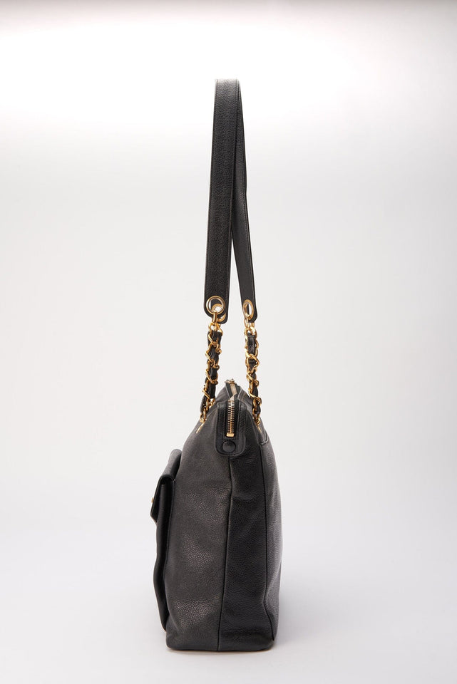 Vintage Chanel Black Leather Tote Bag with 24K Gold Plated Hardware