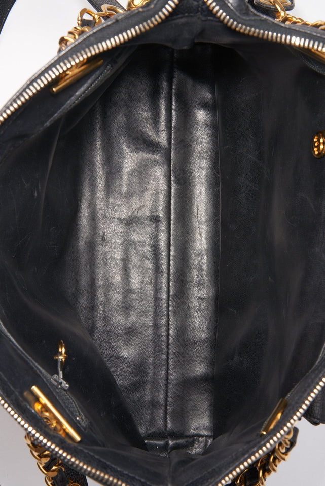Vintage Chanel Black Leather Tote Bag with 24K Gold Plated Hardware