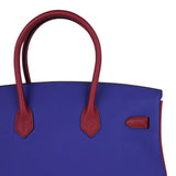 Hermes Special Order HSS Birkin 35 Bag Blue Electric & Rouge Grenat Togo Leather with Palladium Hardware