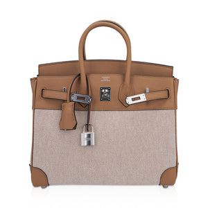 Hermes Limited Edition Birkin 25 Bag Ecru Toile H Chai Swift Leather with Palladium Hardware