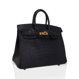 Hermes Birkin 25 Bag Black Matte Alligator with Gold Hardware