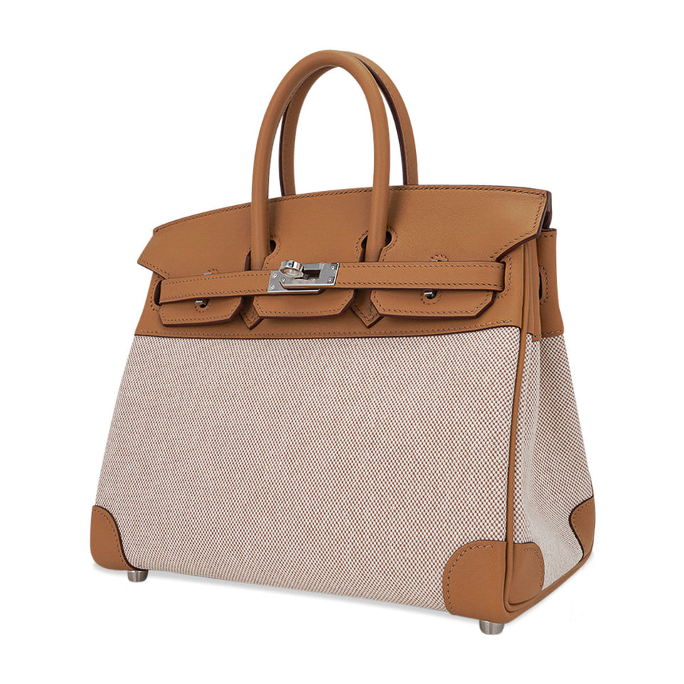 Hermes Limited Edition Birkin 25 Bag in Biscuit Swift Leather & Ecru Toile H with Palladium Hardware