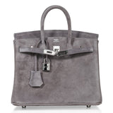 Hermes Birkin 25 Bag Gris Fume Doblis Suede with Palladium Hardware