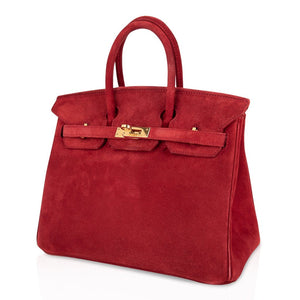 Hermes Birkin 25 Doblis Bag Rouge Vif Suede Gold Hardware