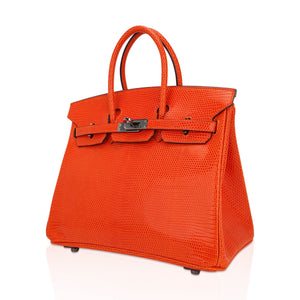 Hermes Birkin 25 Bag Orange Tangerine Lizard with Ruthenium Hardware