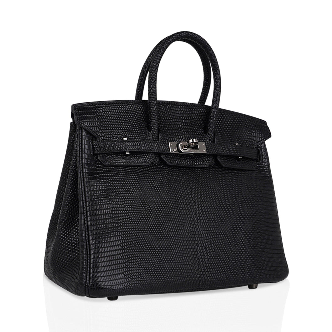 Hermes Limited Edition Birkin 25 Bag Matte Black Lizard with Palladium Hardware