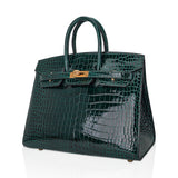 Hermes Birkin 25 Bag Sellier Vert Fonce Porosus Crocodile Bag with Gold Hardware