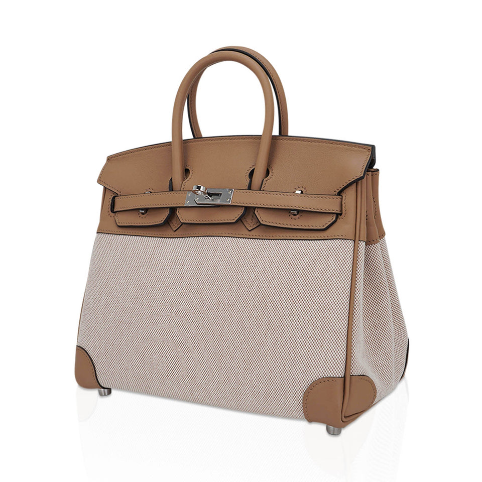 Hermes Limited Edition Birkin 25 Bag Ecru Toile H Chai Swift Leather with Palladium Hardware