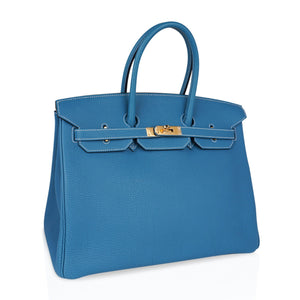 Hermes Birkin 35 Bag Iconic Rare Blue Jean Togo Gold Hardware