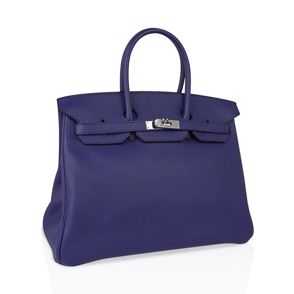 Hermes Limited Edition Birkin 35 Bag Blue Sapphire Taurillon Novillo Leather & Toile Sea Surf & Fun